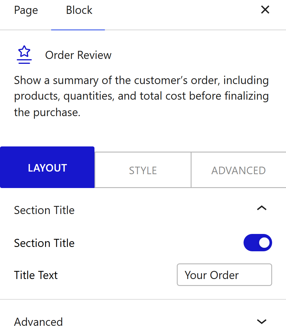 Nexter Blocks WooCommerce Order Review block Layout inspector settings