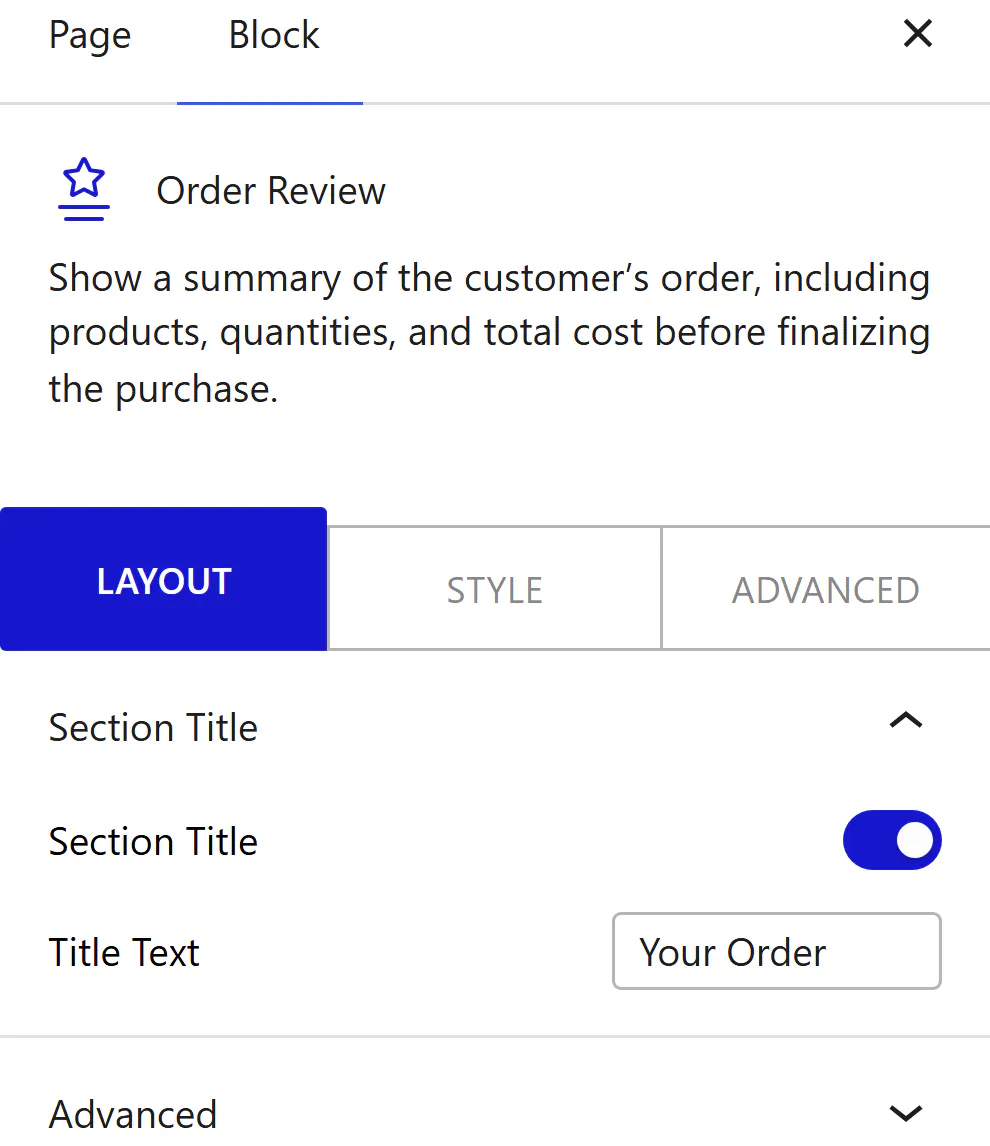 Nexter Blocks WooCommerce Order Review block Layout inspector settings