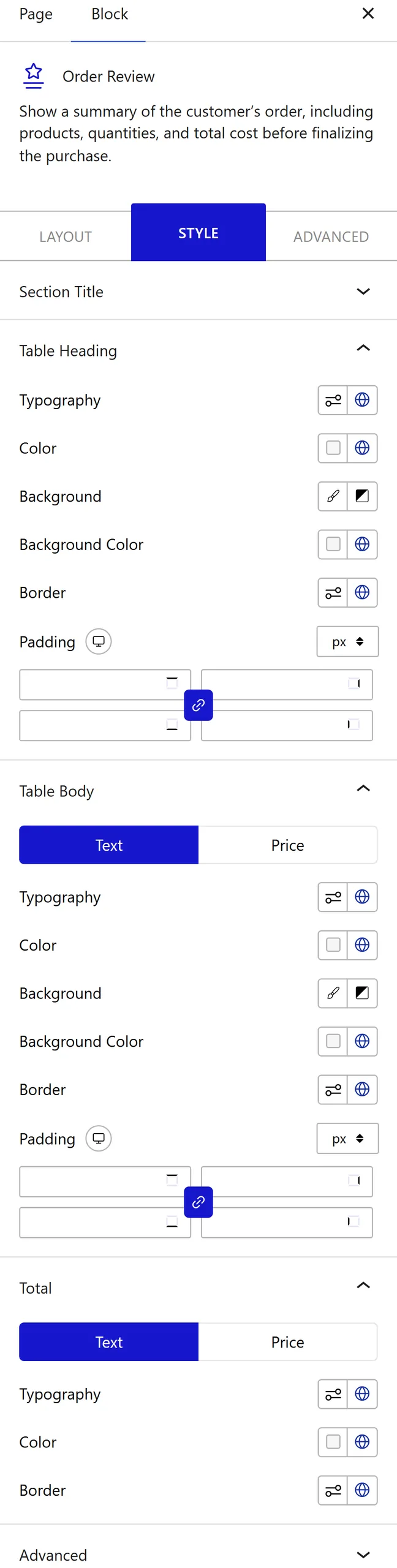 Nexter Blocks WooCommerce Order Review block Style inspector settings