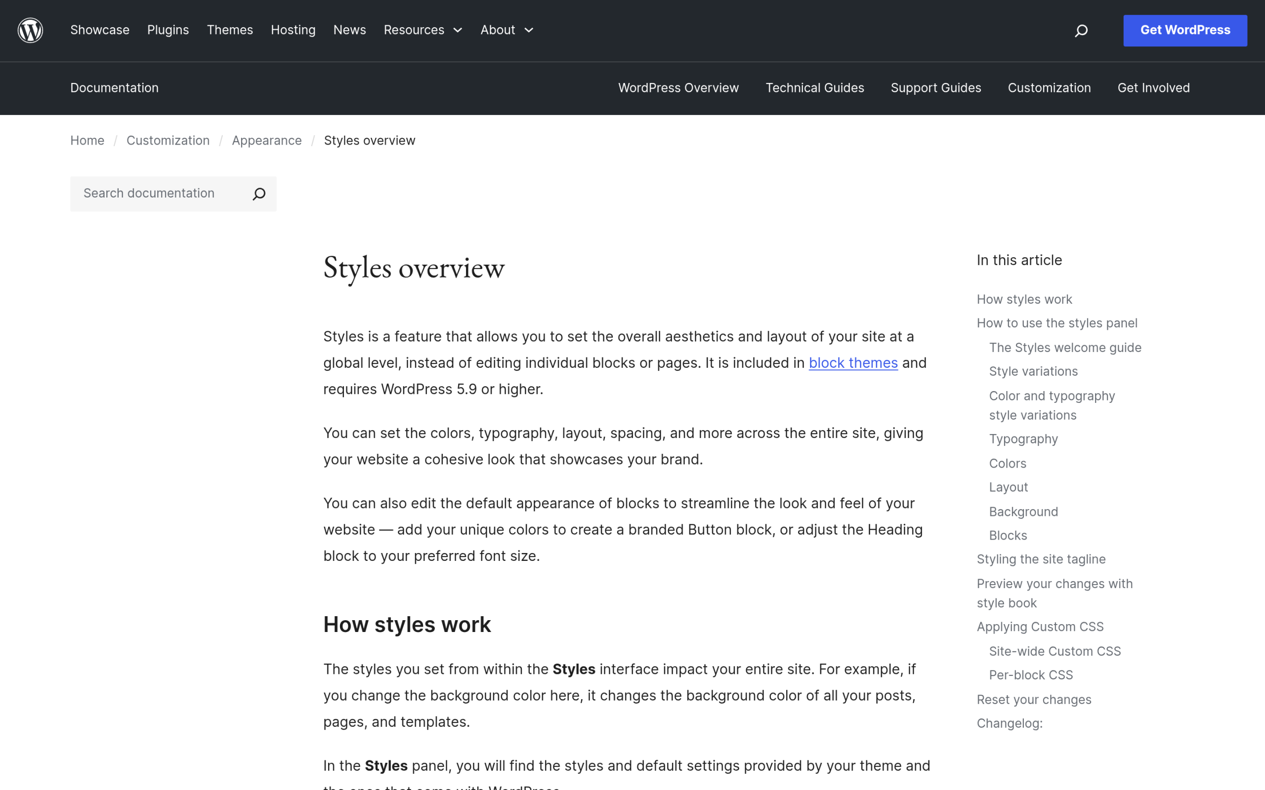 WordPress Styles overview documentation showing colors and typography controls