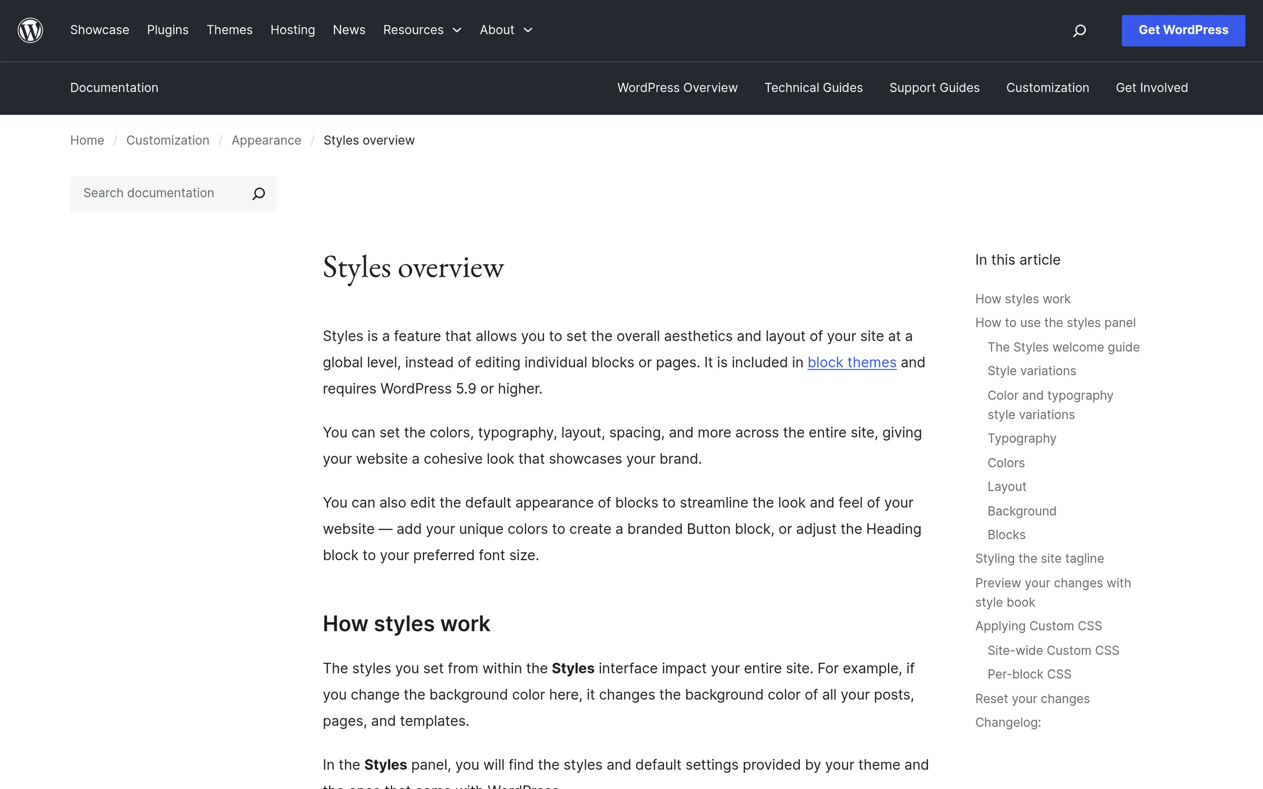 WordPress Styles overview documentation showing colors and typography controls