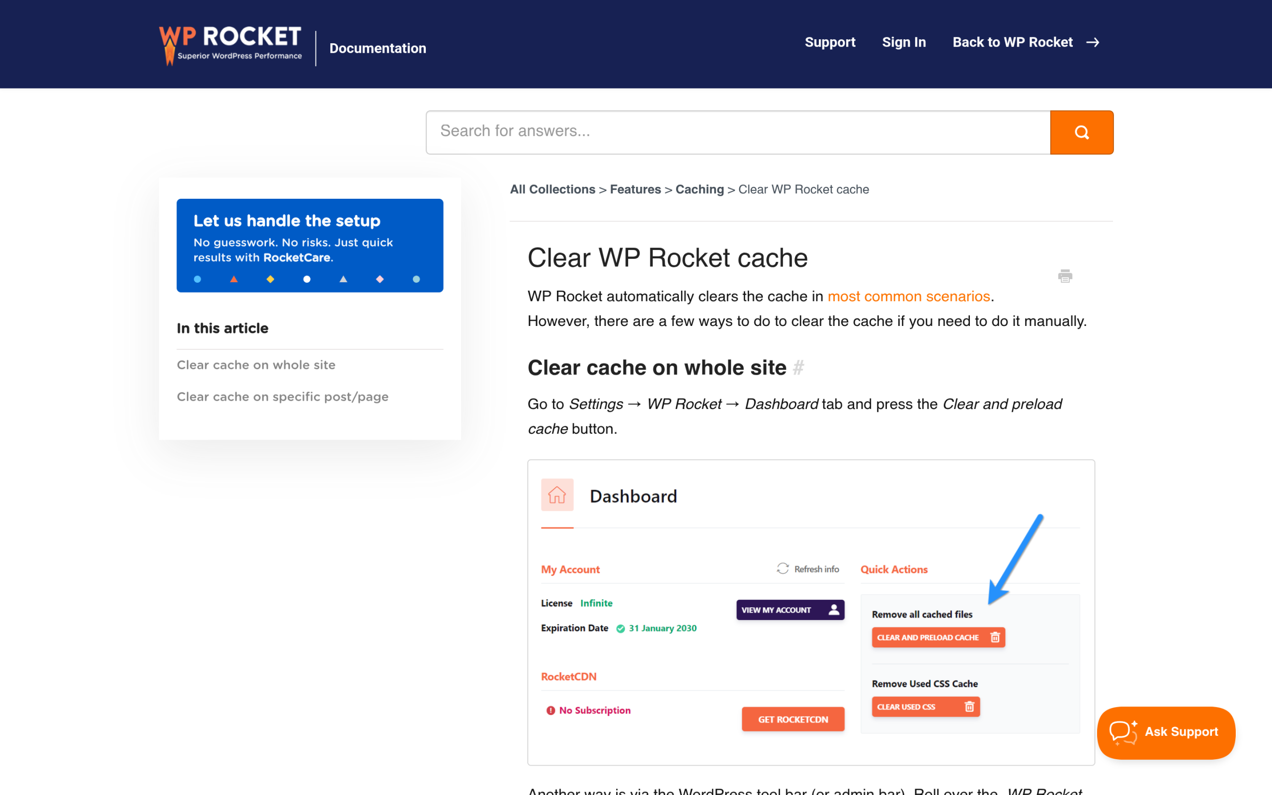 Clearing the WP Rocket cache from the WordPress dashboard
