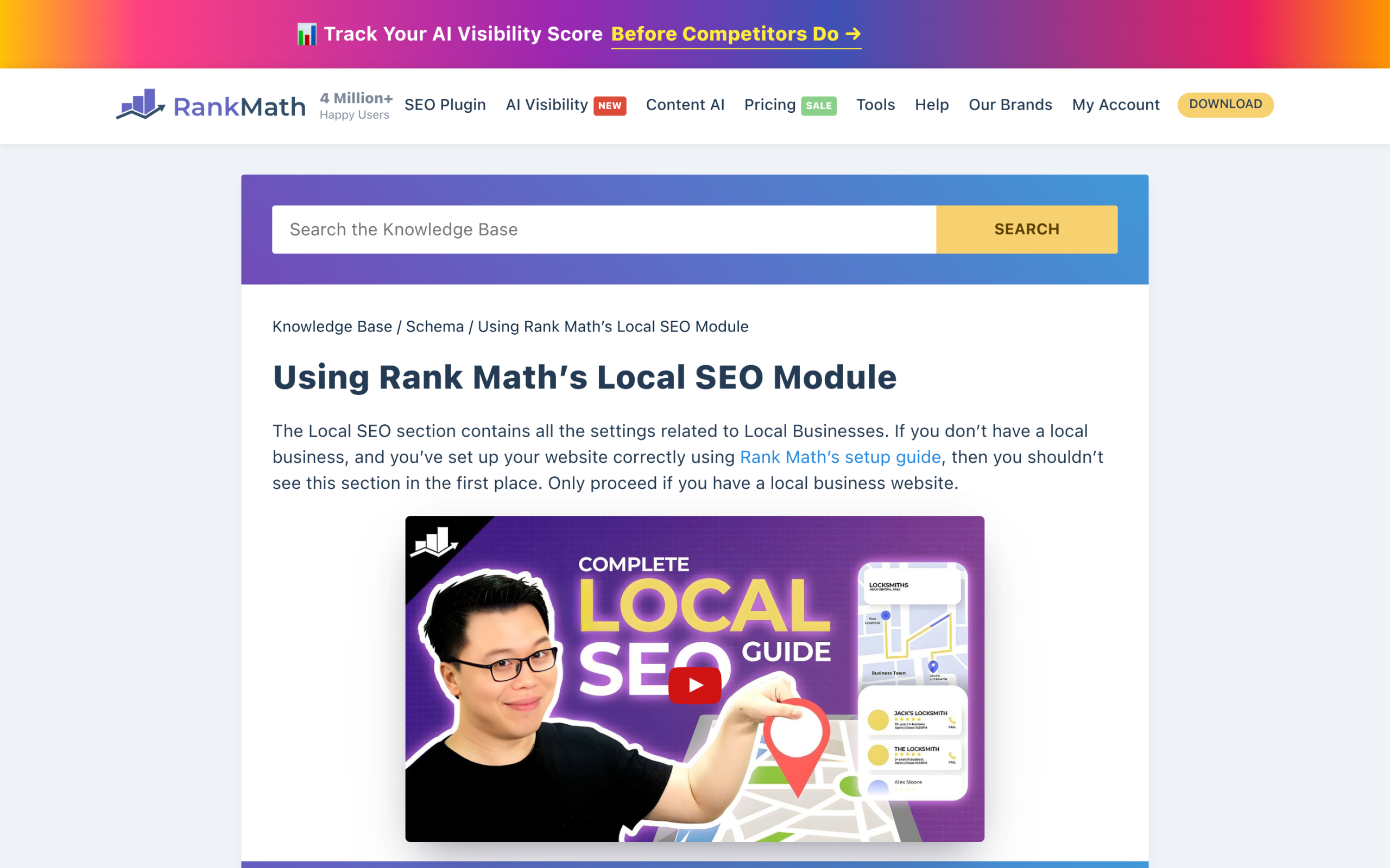 Rank Math free Local SEO module documentation for adding LocalBusiness schema in WordPress