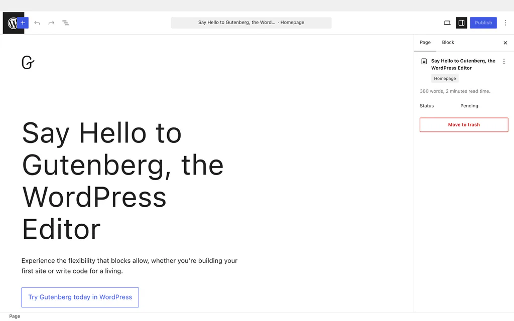 WordPress block editor showing the Publish button and block settings panel