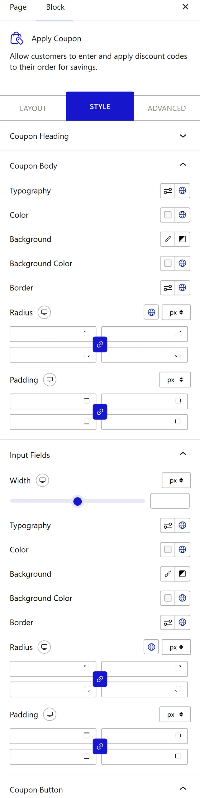 Nexter Blocks WooCommerce Apply Coupon block Style inspector settings