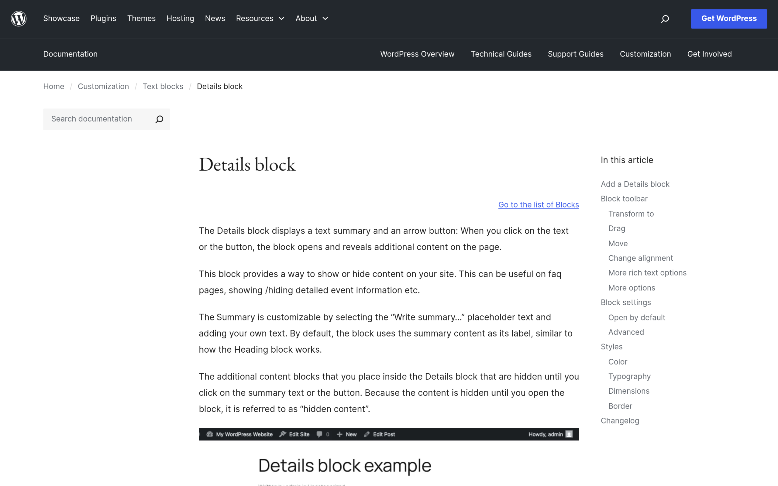 WordPress core Details block documentation showing the summary and hidden content