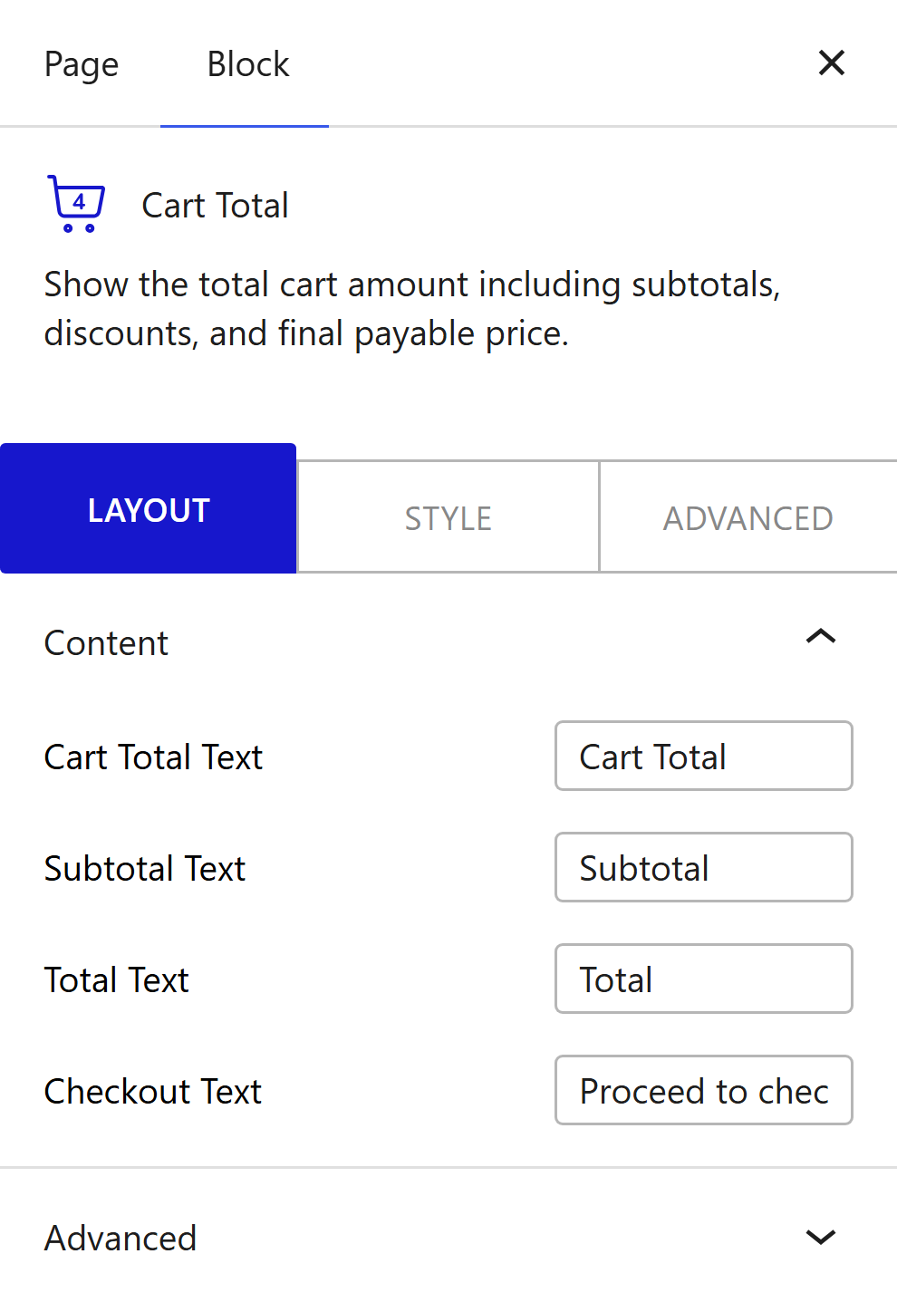 Nexter Blocks WooCommerce Cart Total block Layout inspector settings