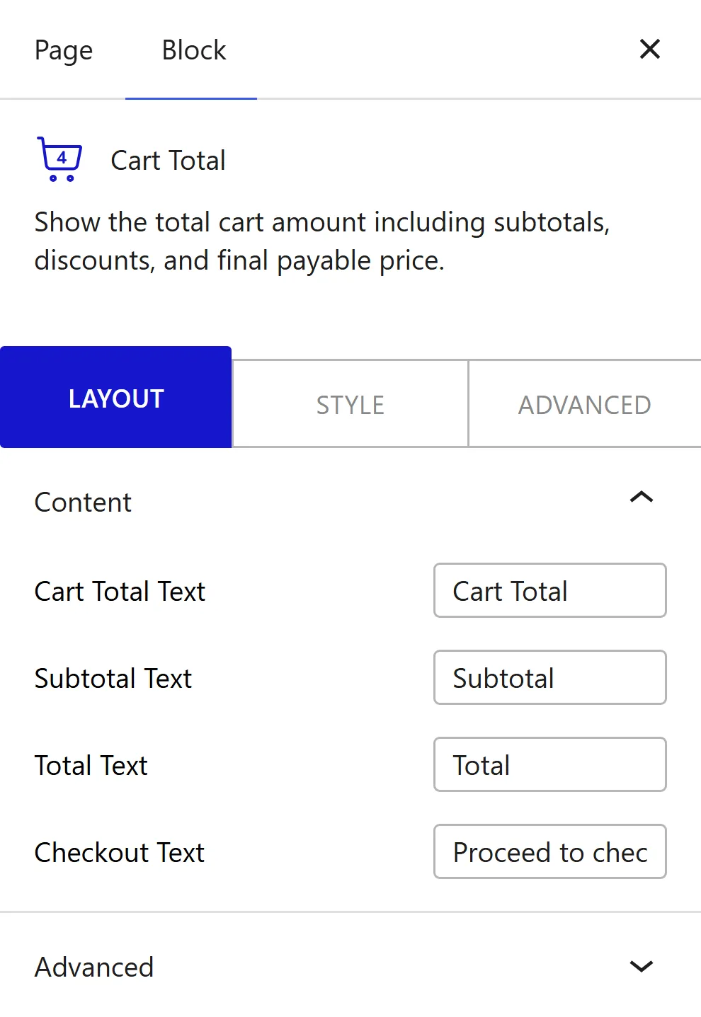 Nexter Blocks WooCommerce Cart Total block Layout inspector settings