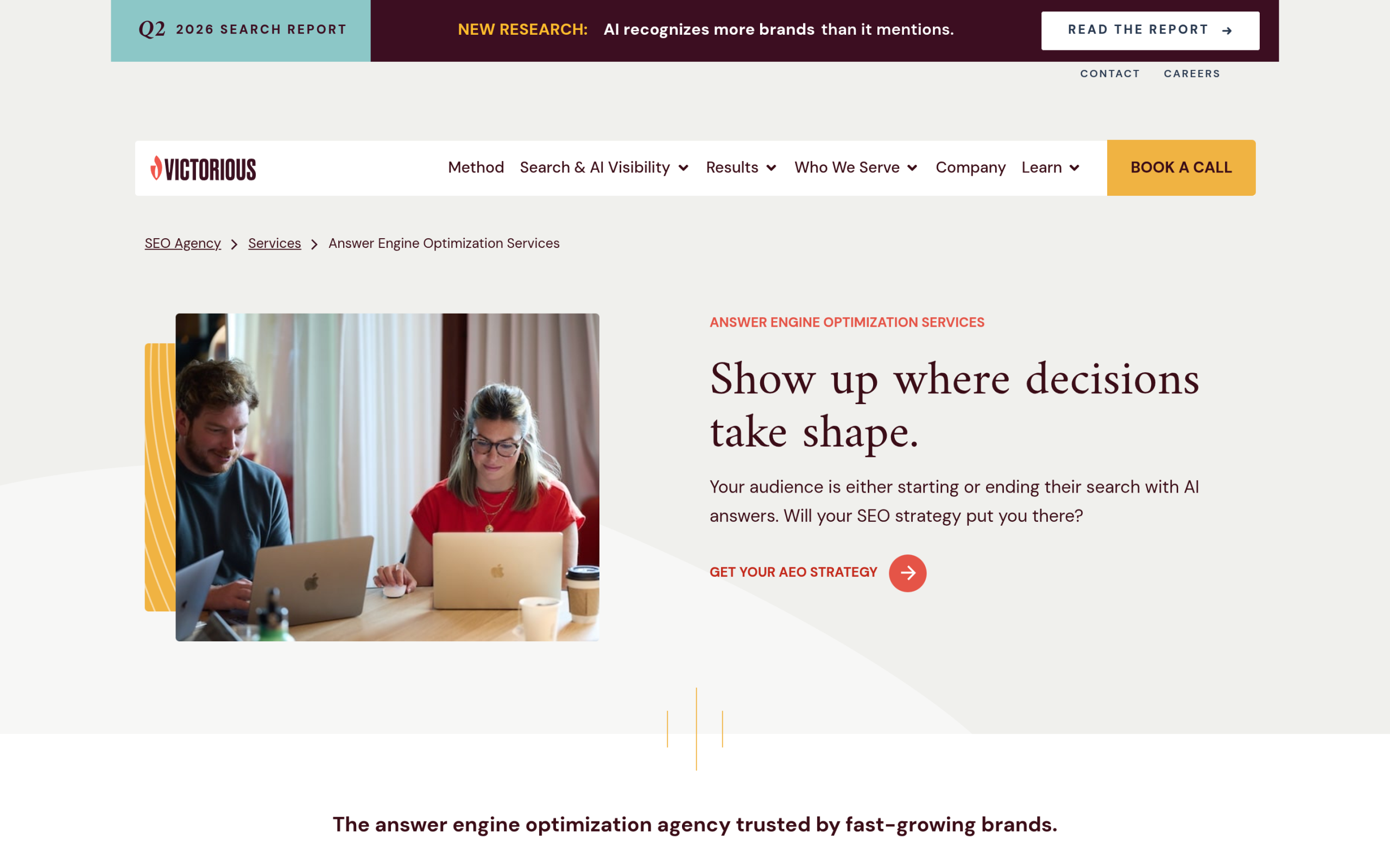 Victorious answer engine optimization services page showing the six-part AEO service scope