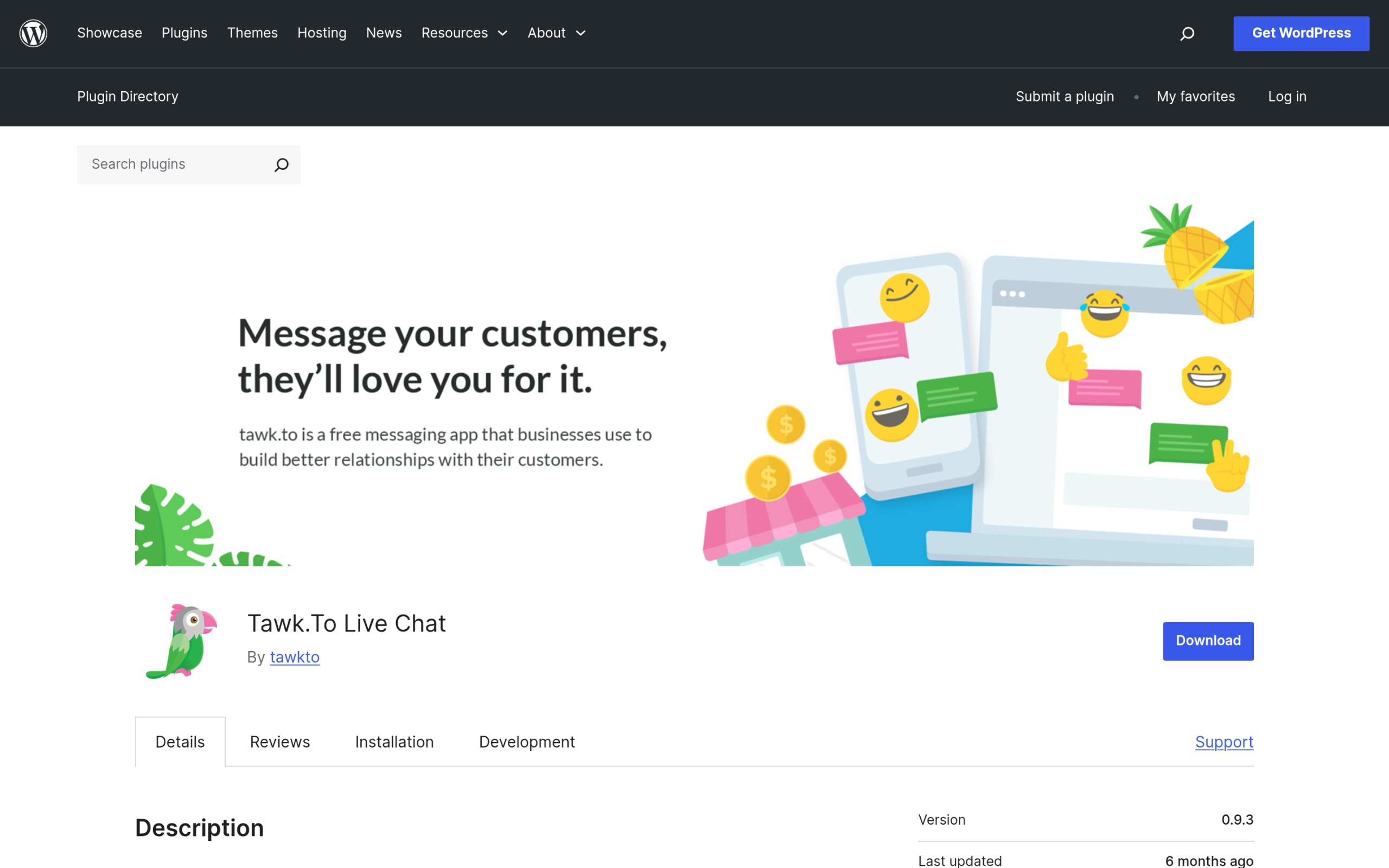 Tawk.to Live Chat plugin listing on WordPress.org
