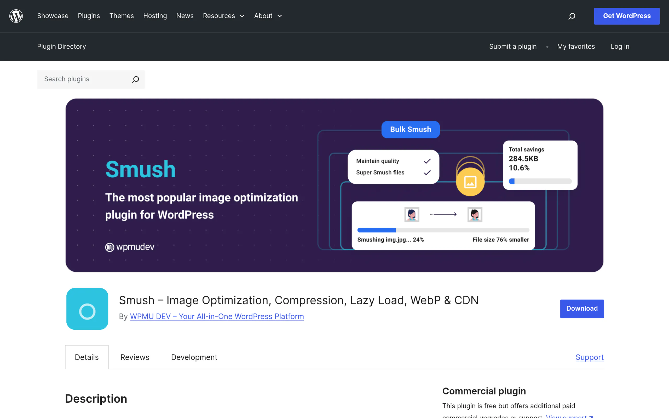 Smush image optimization plugin page on WordPress.org