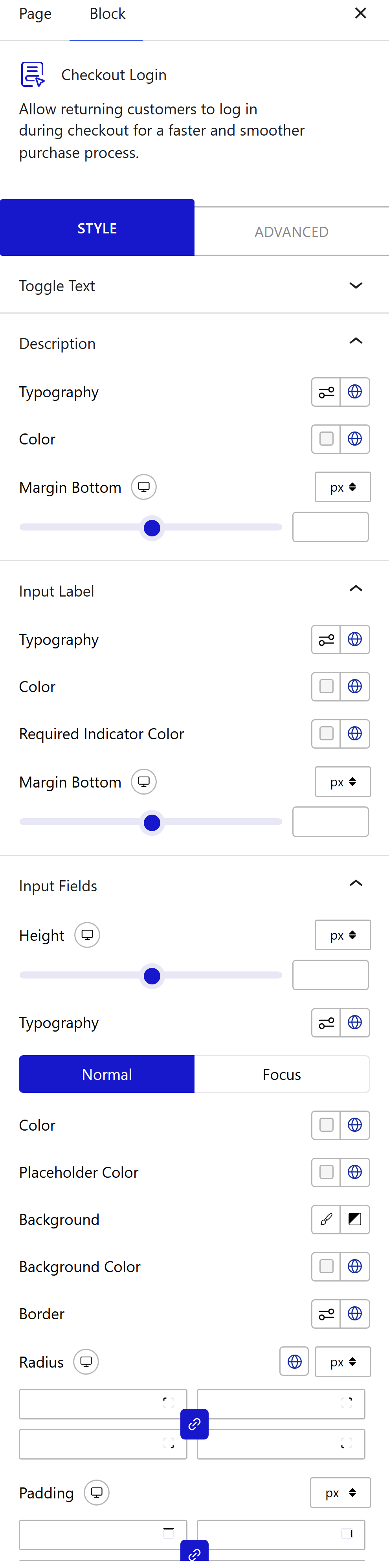 Nexter Blocks WooCommerce Checkout Login block Style inspector settings