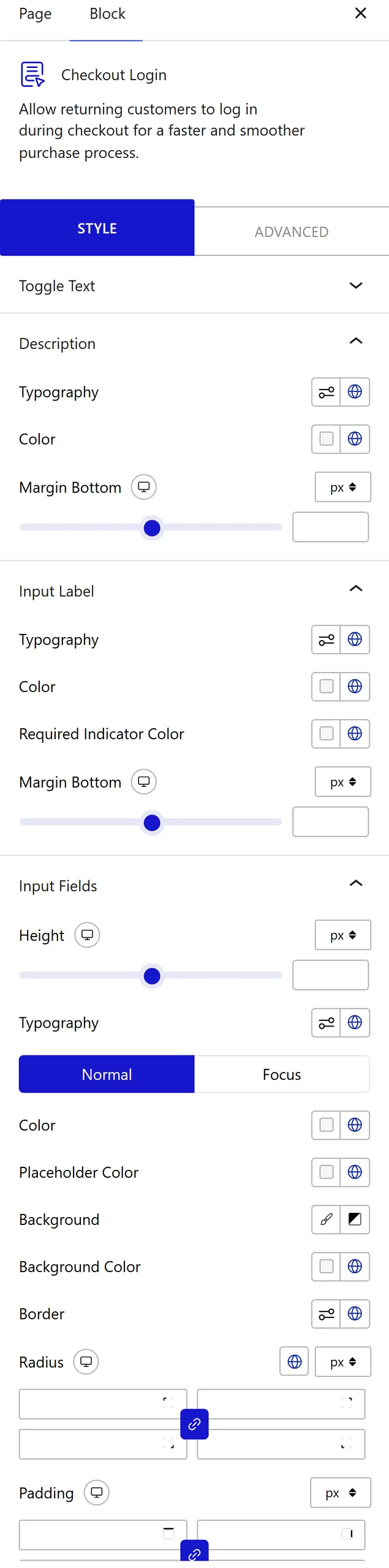 Nexter Blocks WooCommerce Checkout Login block Style inspector settings