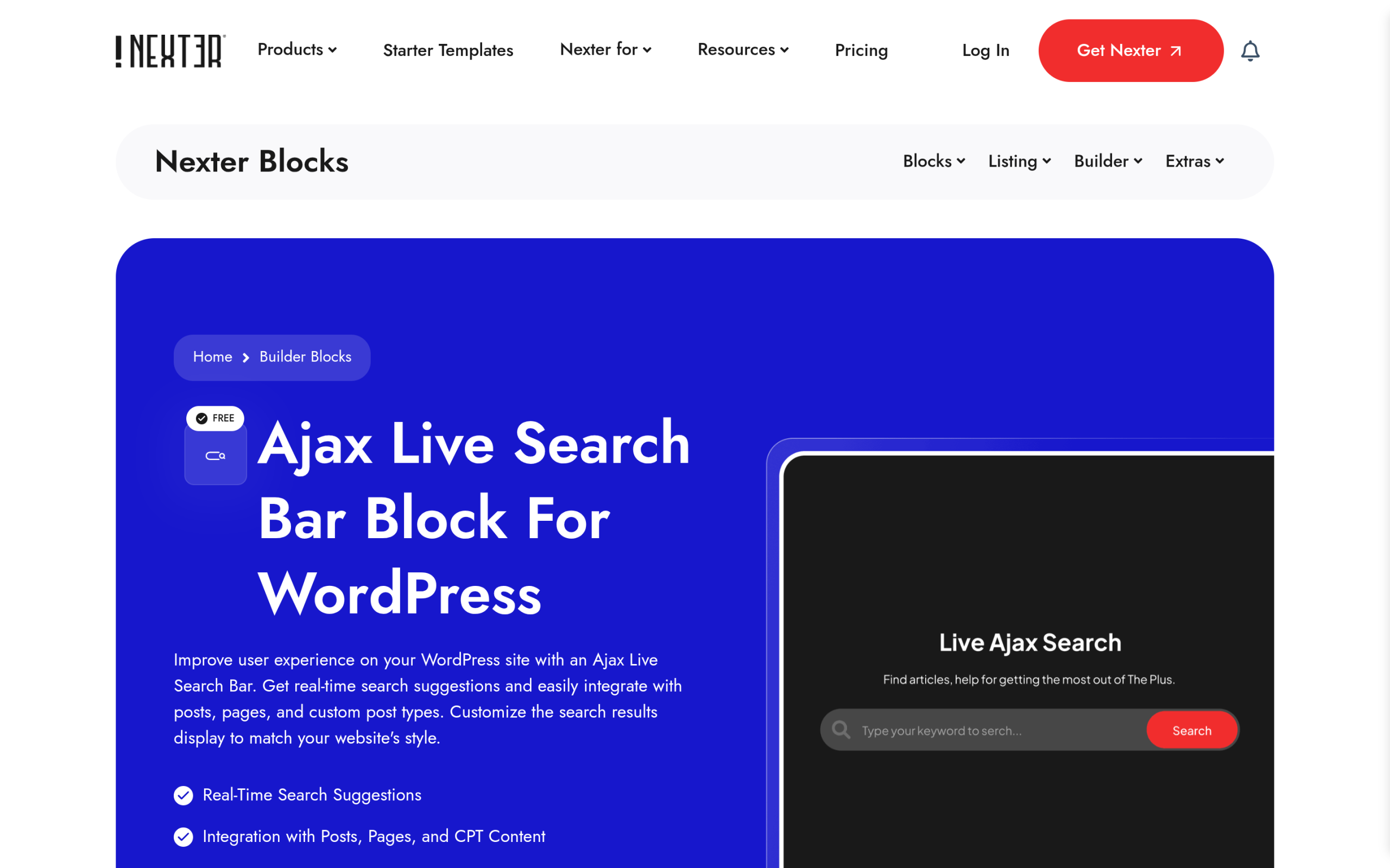 Nexter Blocks Ajax Live Search Bar block page for WordPress