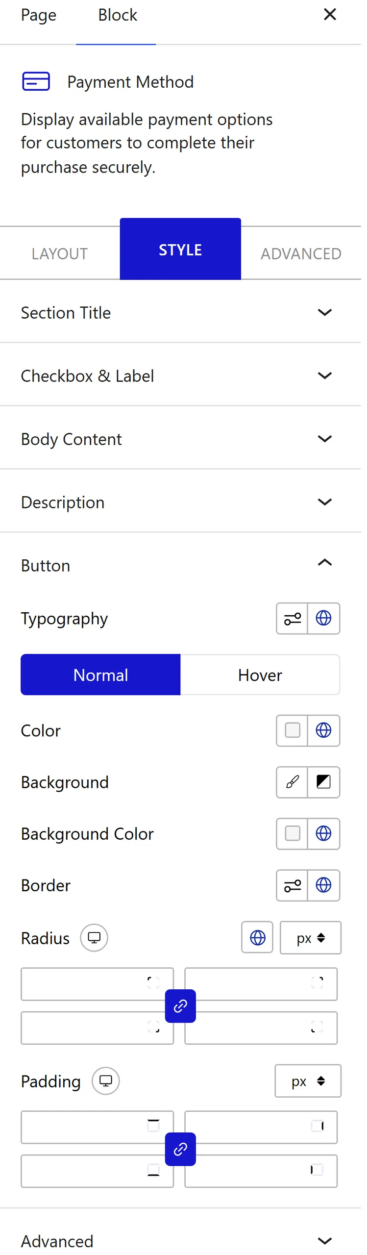 Nexter Blocks WooCommerce Payment block Style inspector settings