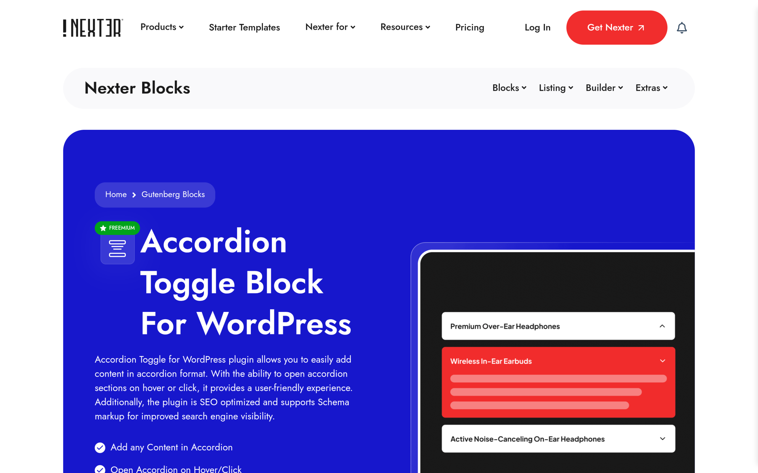 Nexter Blocks Accordion Toggle block feature page with FAQ schema support
