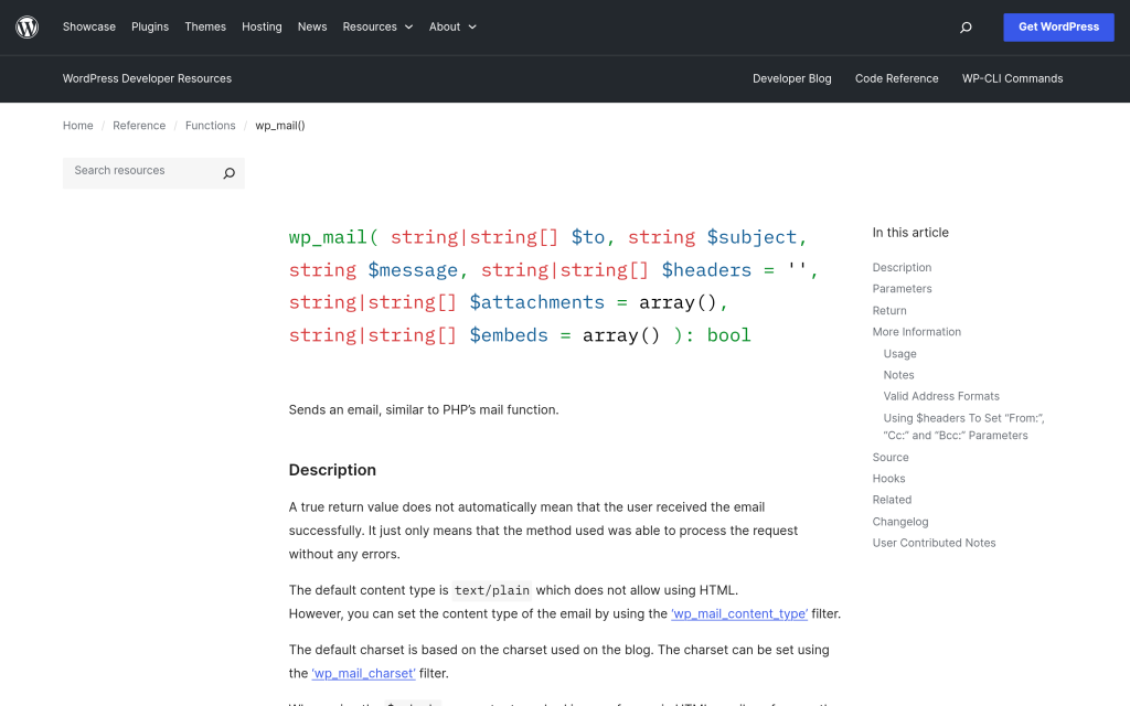 WordPress developer docs page for the wp_mail function used to send contact form email