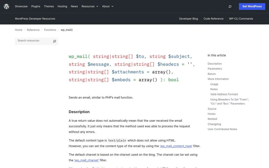WordPress developer docs page for the wp_mail function used to send contact form email
