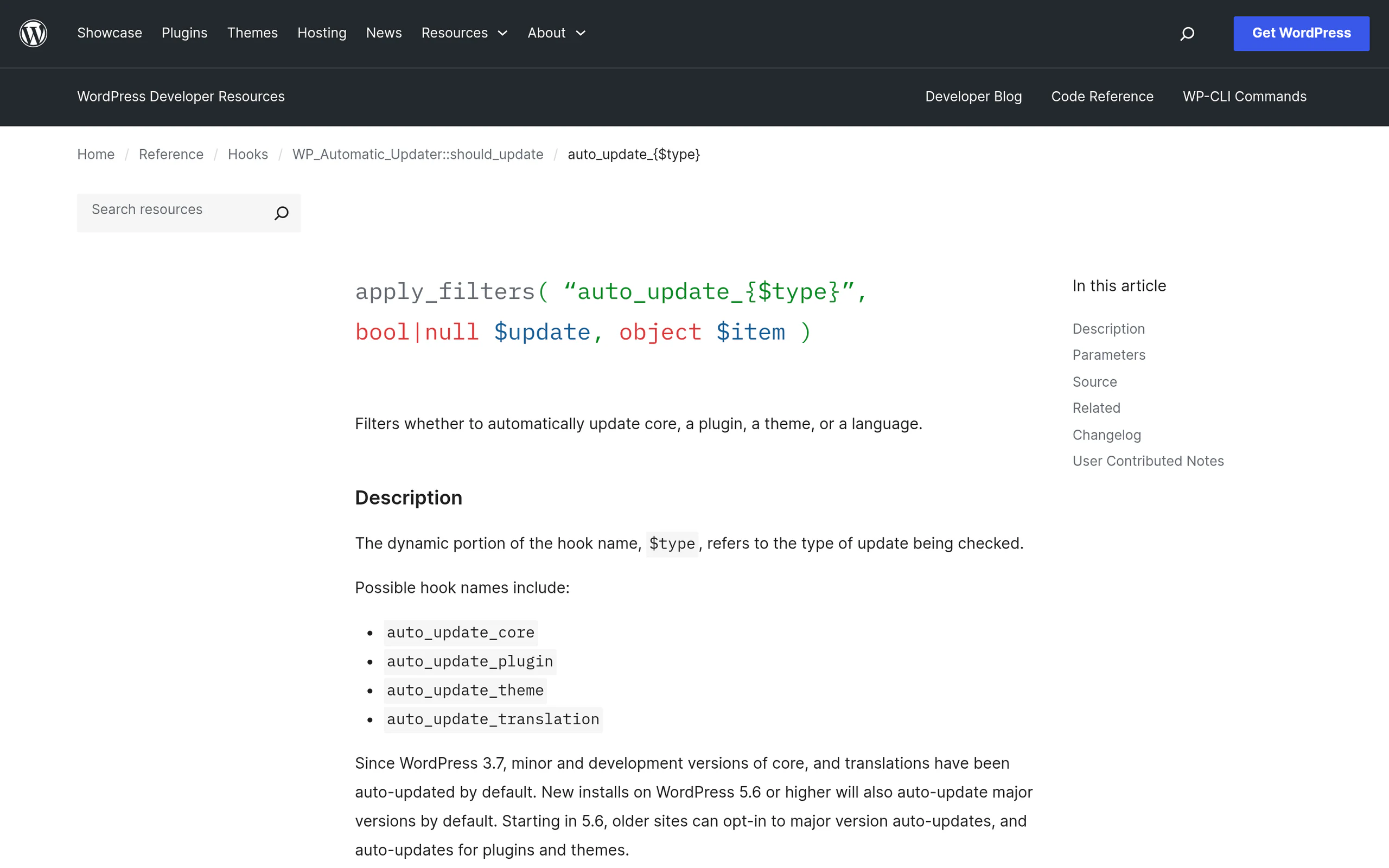 WordPress developer reference page for the auto_update_type dynamic hook listing auto_update_plugin and auto_update_theme