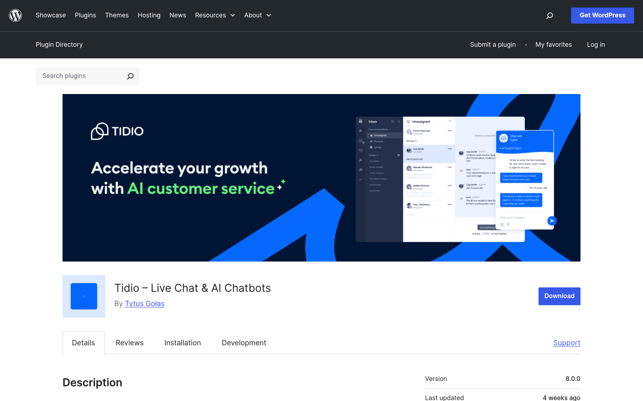 Tidio Live Chat and AI Chatbots plugin on WordPress.org