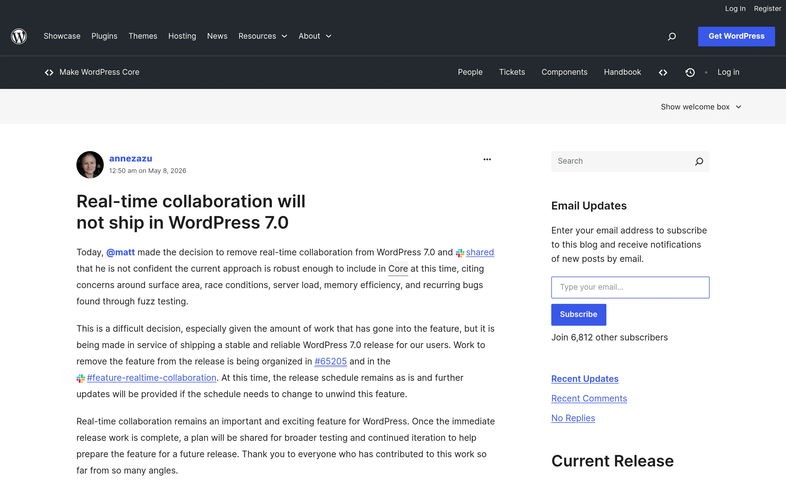 Make WordPress Core post confirming real-time collaboration removed from 7.0