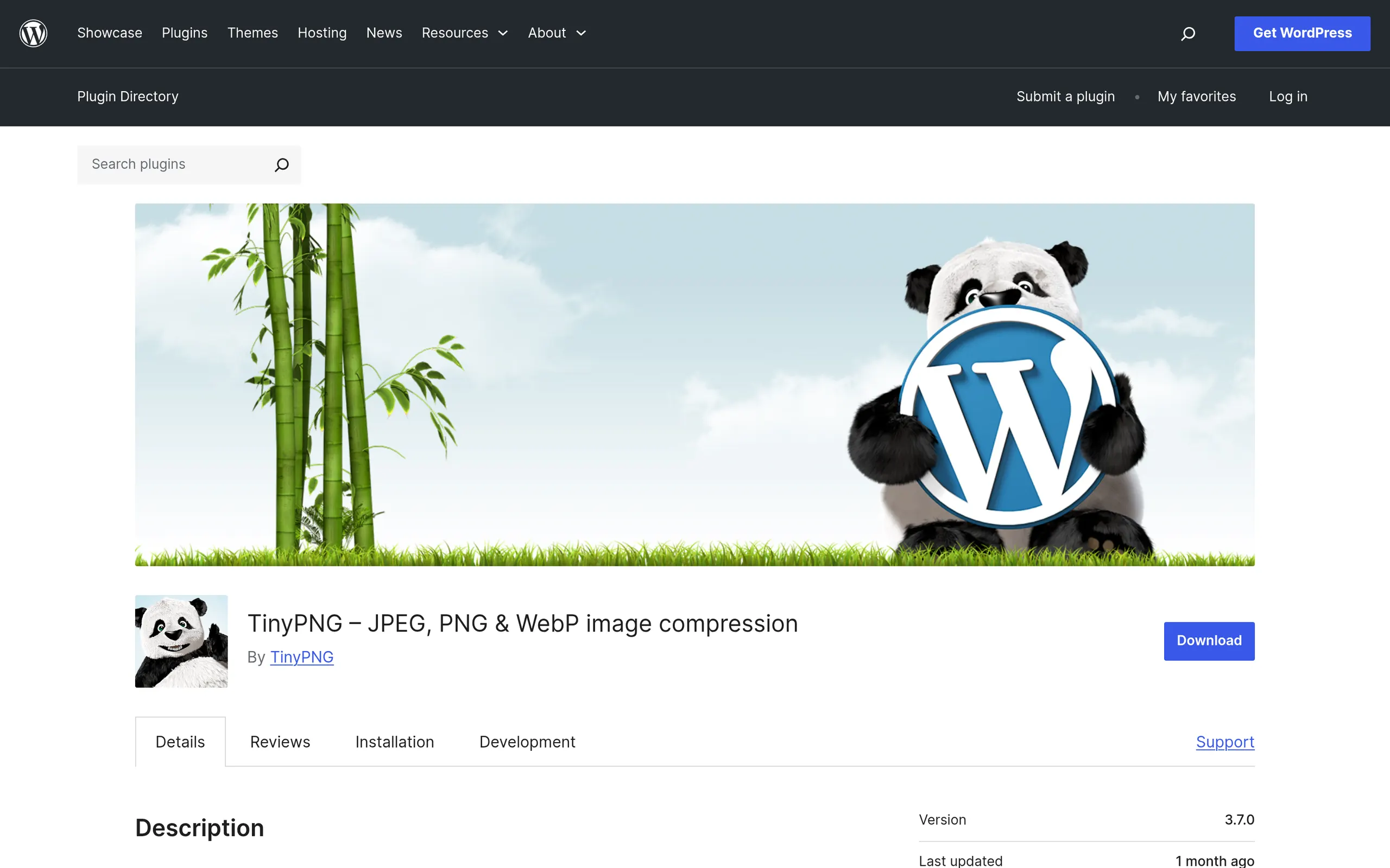 TinyPNG JPEG PNG WebP compression plugin page on WordPress.org