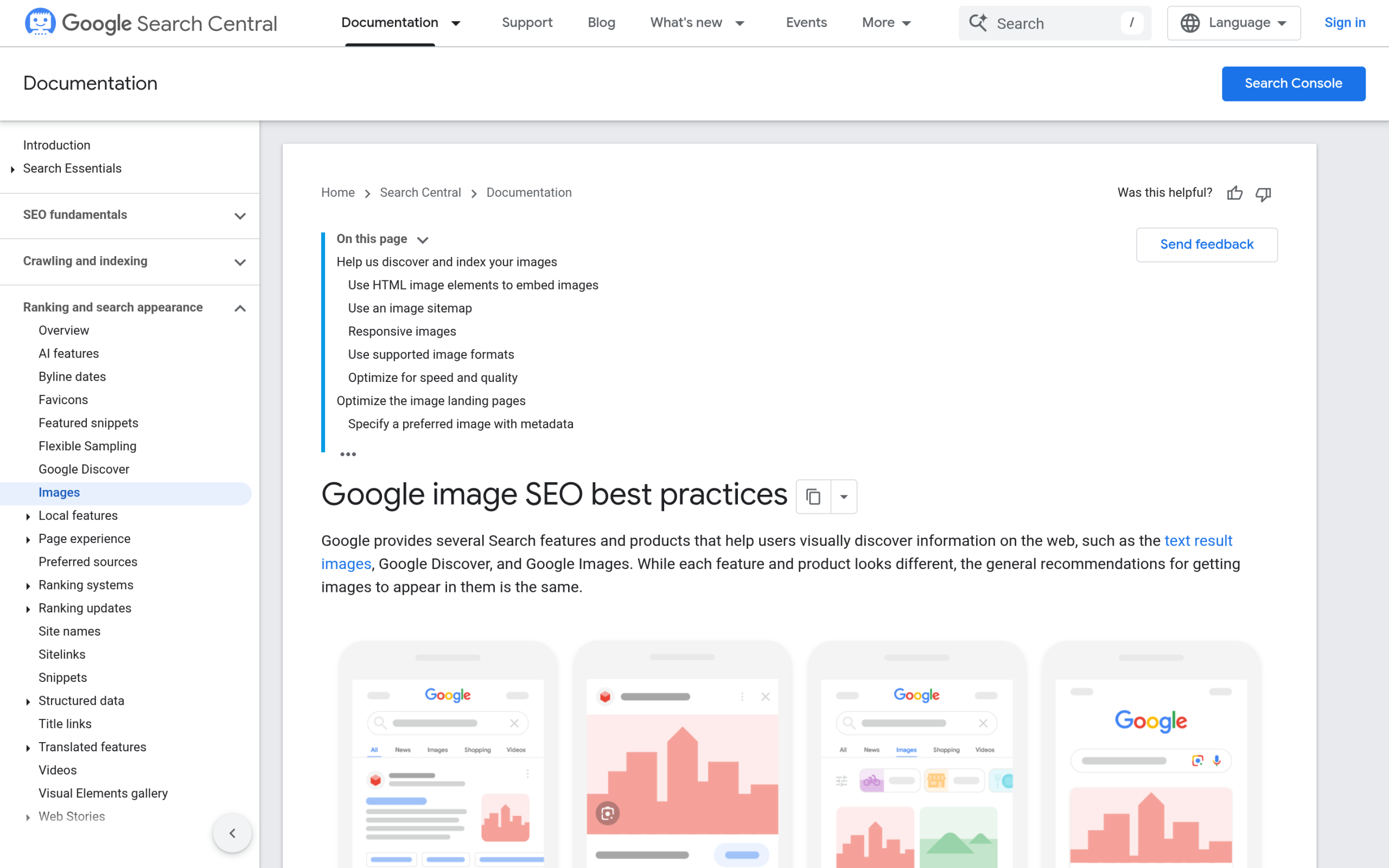 Google Search documentation page on image SEO best practices