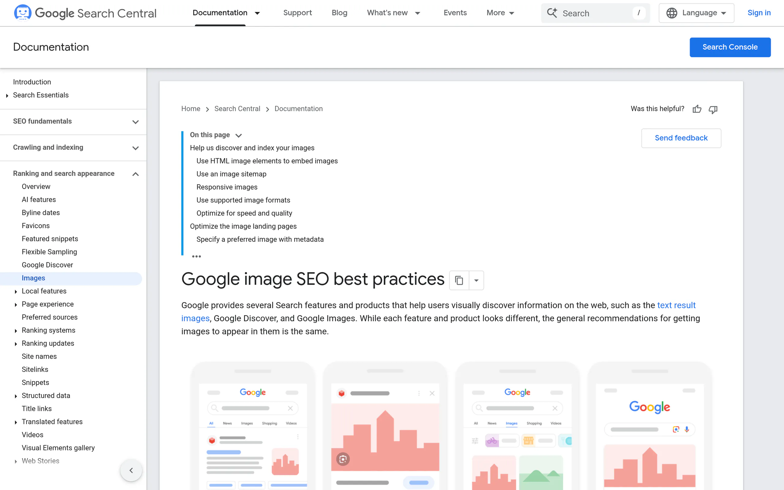 Google Search documentation page on image SEO best practices