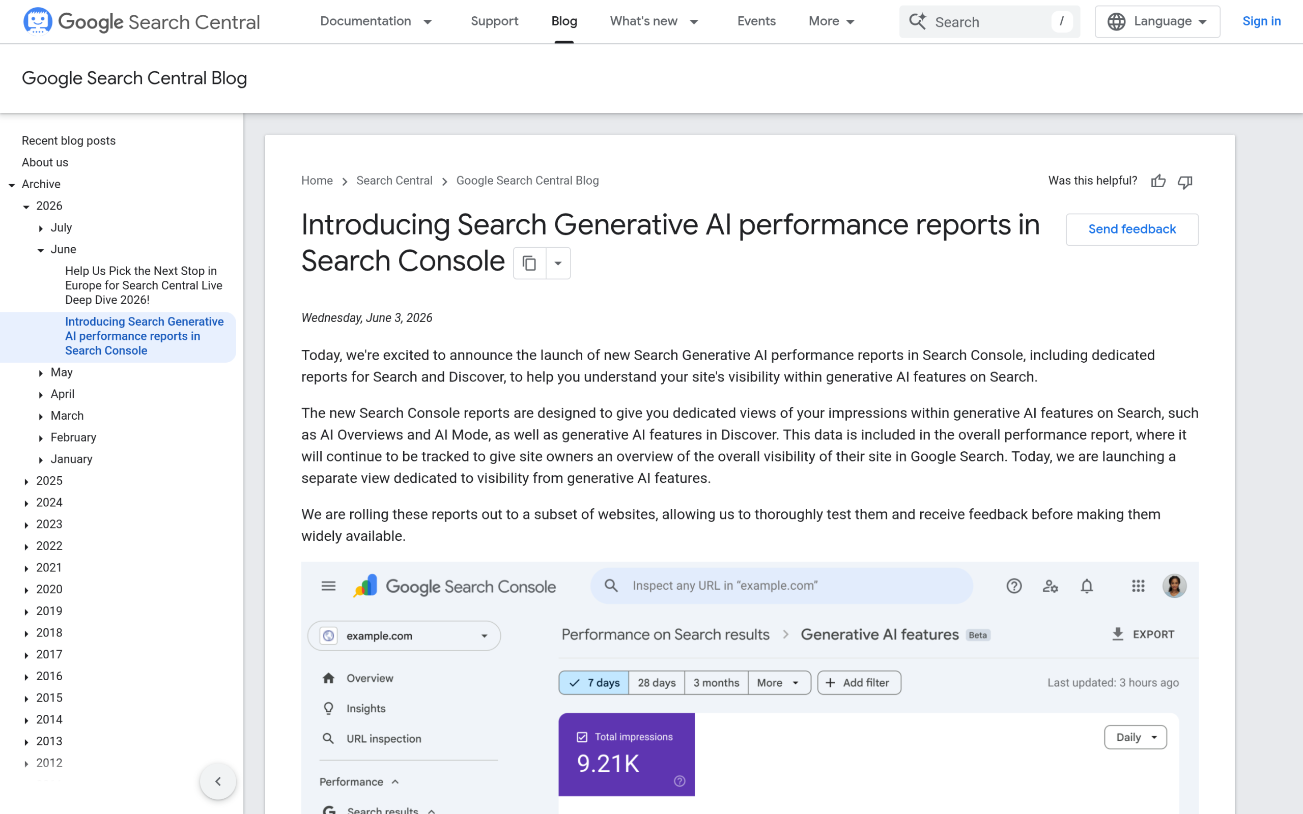 Google Search Central blog announcing the Search generative AI performance reports in Search Console