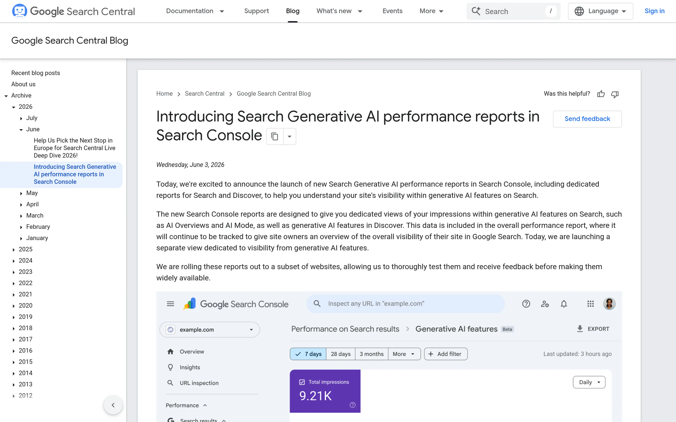 Google Search Central blog announcing the Search generative AI performance reports in Search Console