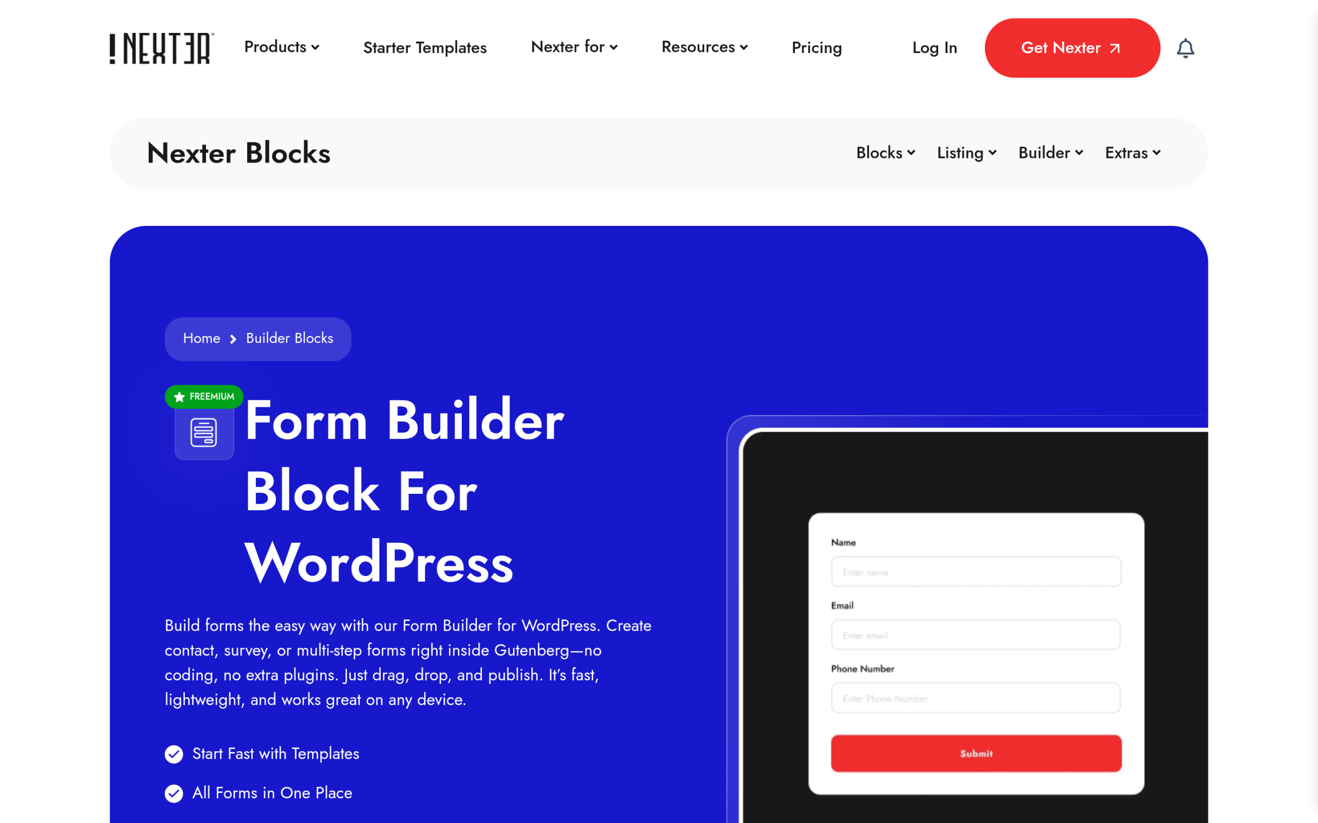 Nexter Blocks Form Builder for WordPress showing form field types