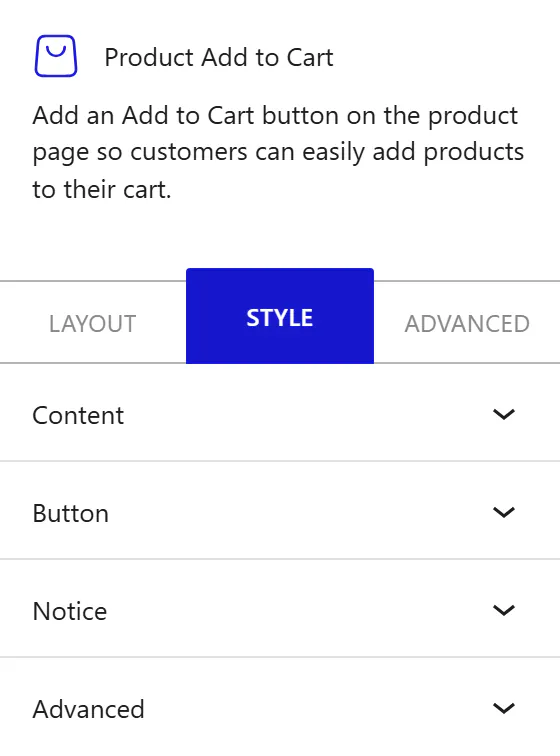 Nexter Blocks WooCommerce Addtocart block Style inspector settings