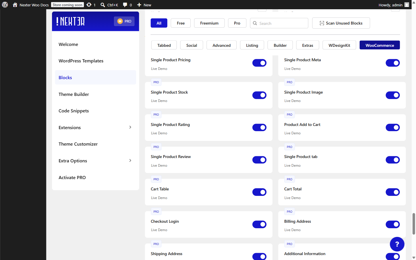 Nexter Blocks admin with the WooCommerce blocks enabled