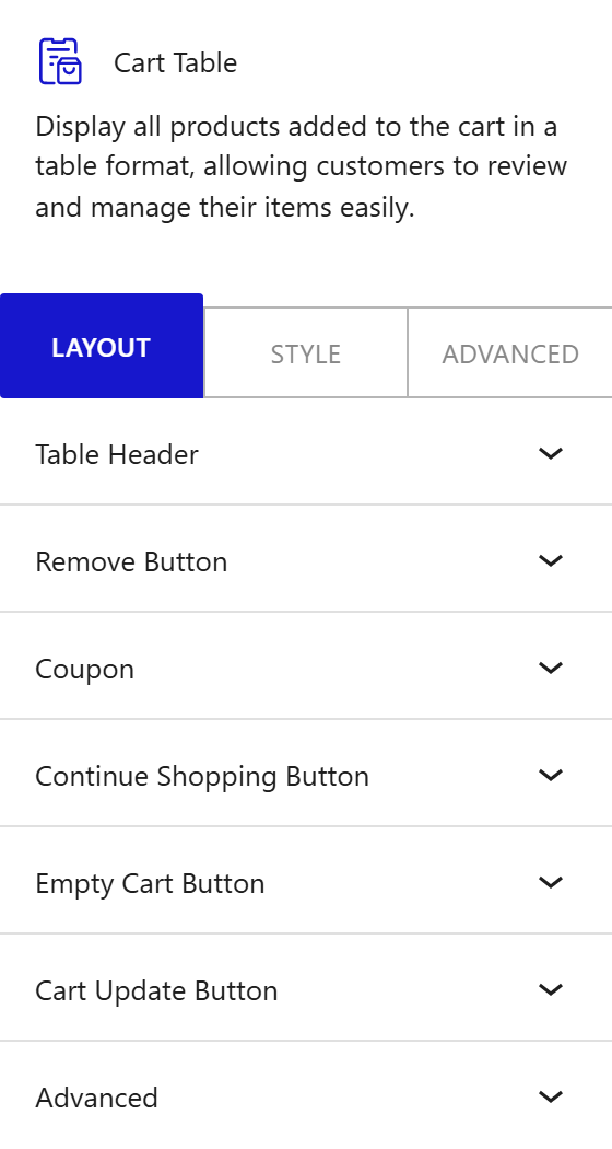 Nexter Blocks WooCommerce Cart Table block Layout inspector settings