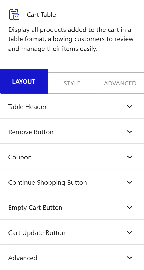 Nexter Blocks WooCommerce Cart Table block Layout inspector settings