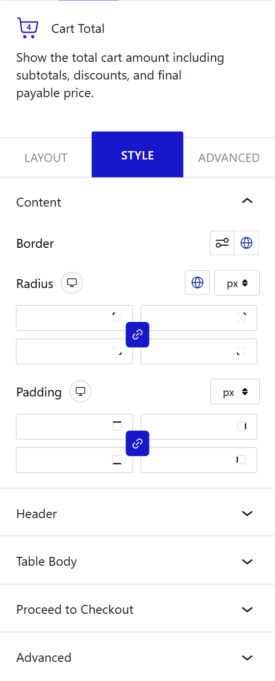 Nexter Blocks WooCommerce Cart Total block Style inspector with content, header, table body, and proceed to checkout options