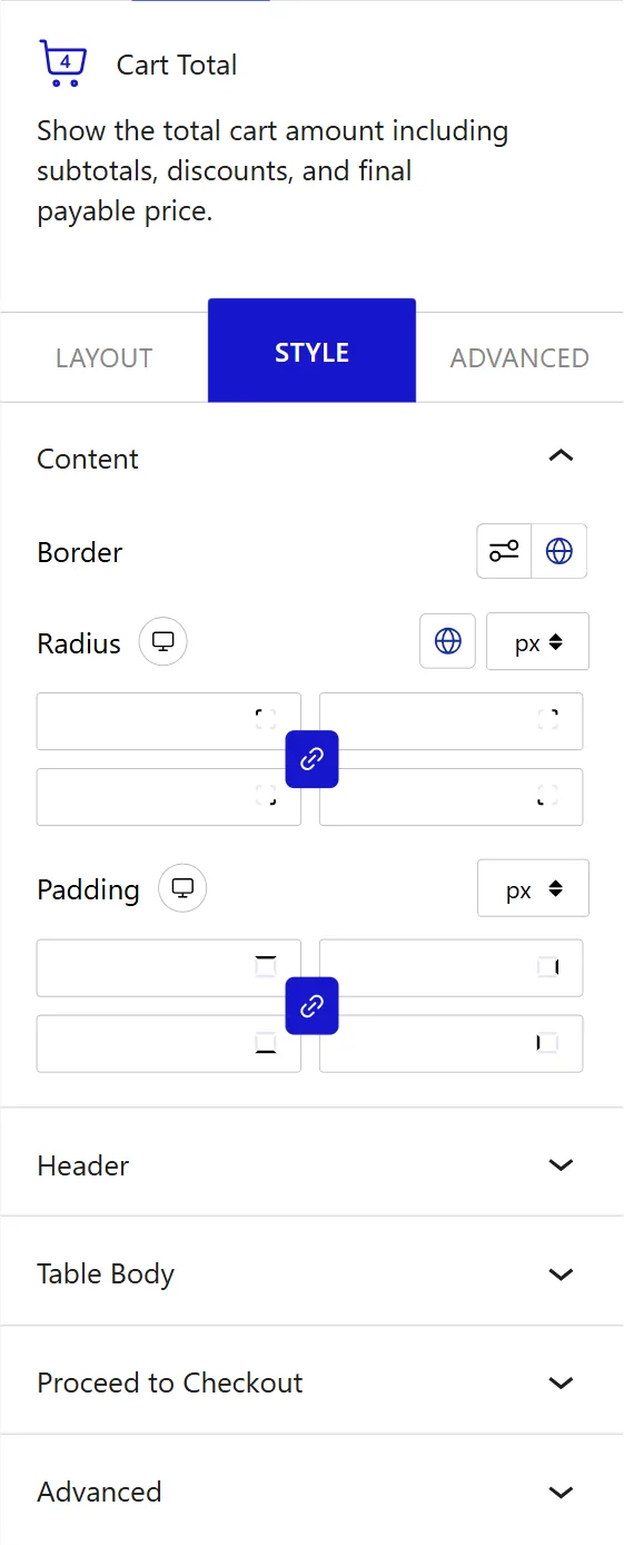 Nexter Blocks WooCommerce Cart Total block Style inspector with content, header, table body, and proceed to checkout options