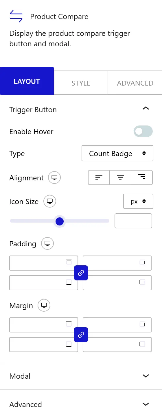 Nexter Blocks WooCommerce Compare block Layout inspector settings