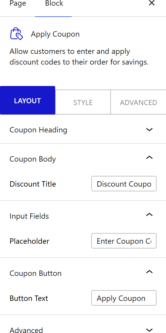 How to Use the Apply Coupon Block - settings