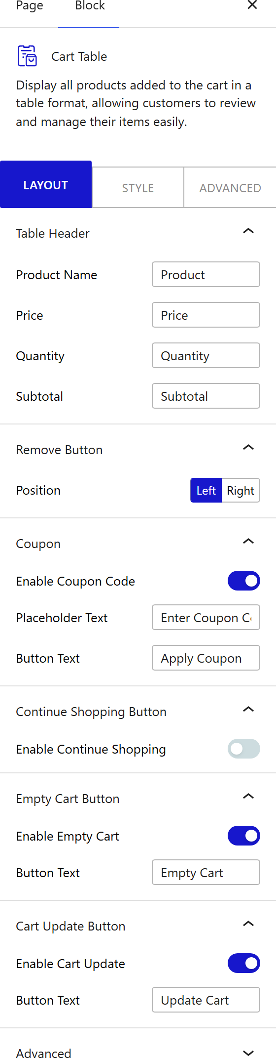 How to Use the Cart Table Block - settings
