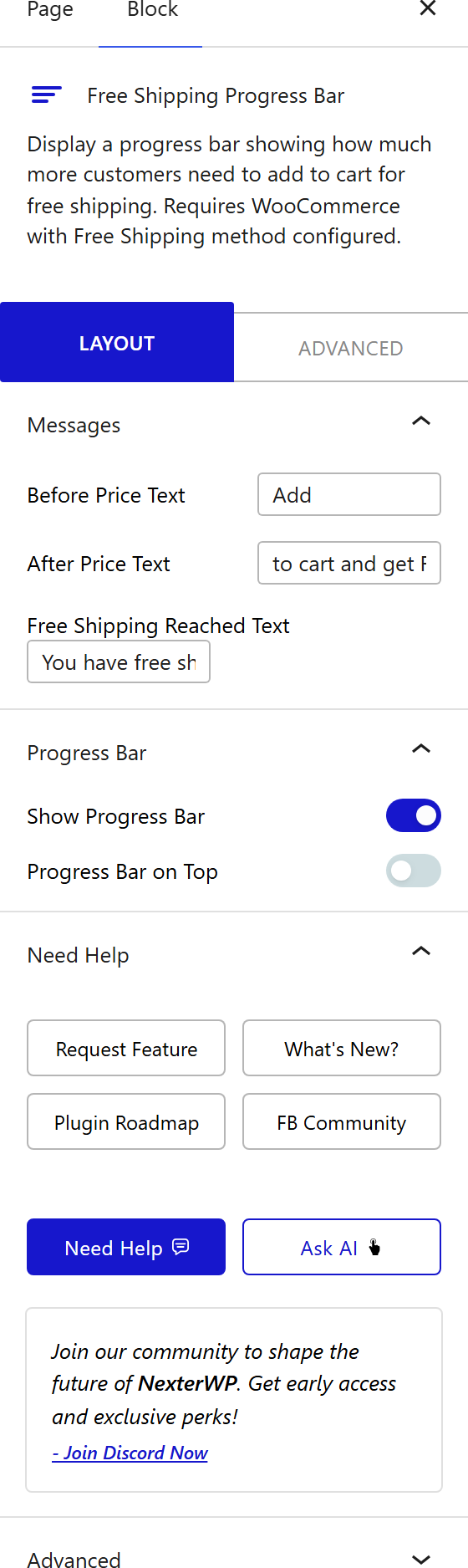 How to Use the Free Shipping Progress Bar Block - settings