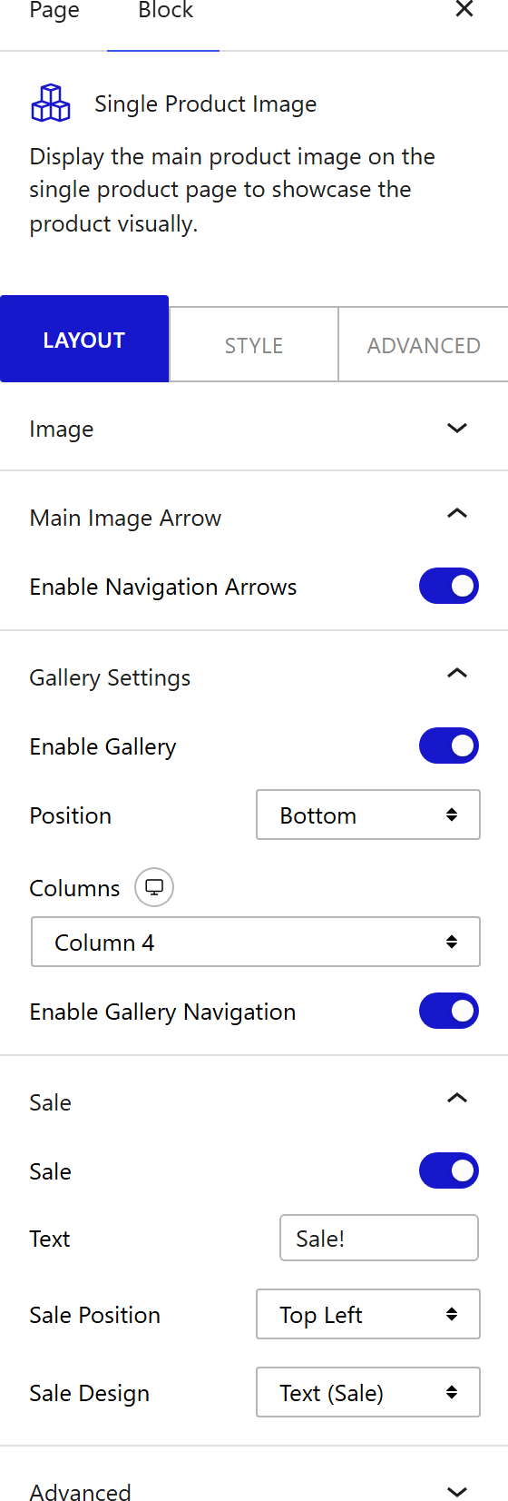 How to Use the Single Product Image Block - settings