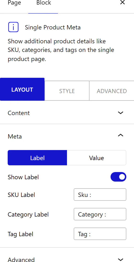 How to Use the Single Product Meta Block - settings
