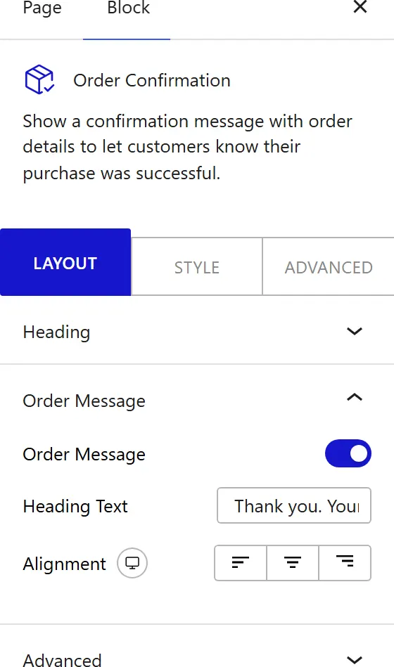 How to Use the Order Confirmation Block - settings