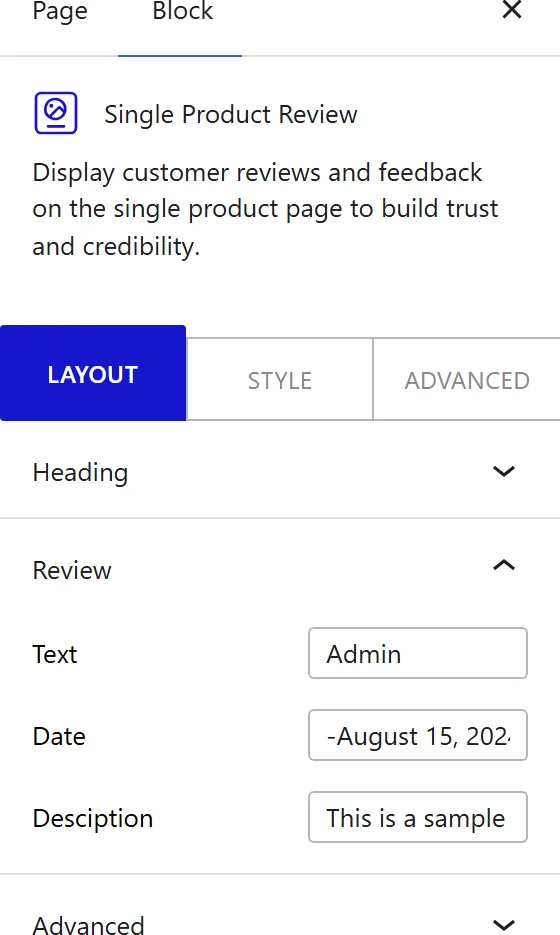 How to Use the Single Product Review Block - settings