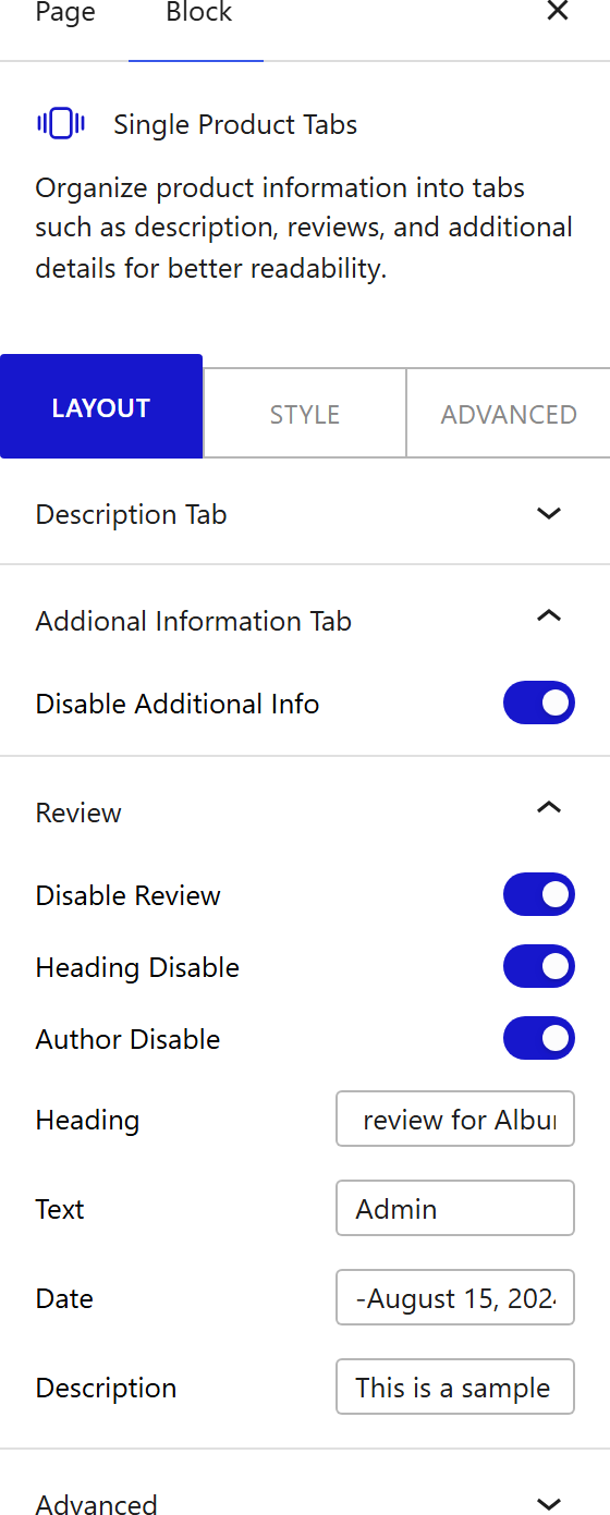 How to Use the Single Product Tabs Block - settings