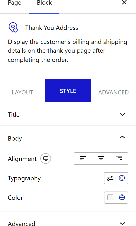 How to Style the Thank You Address Block - Style tab