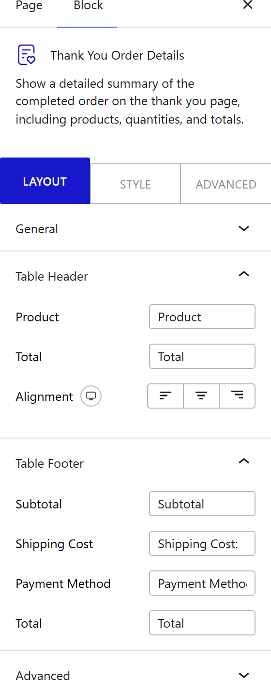How to Use the Thank You Order Details Block - settings