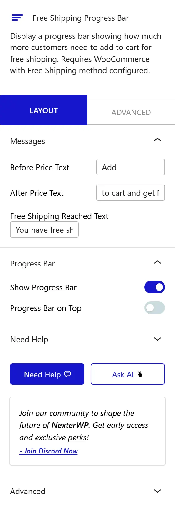 Nexter Blocks WooCommerce Free Shipping block Layout inspector settings