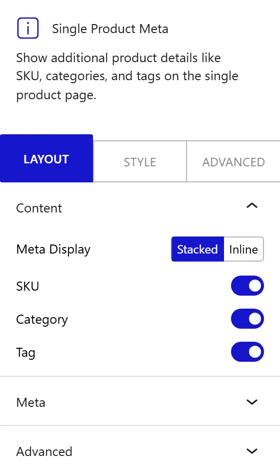 Nexter Blocks WooCommerce Meta block Layout inspector settings